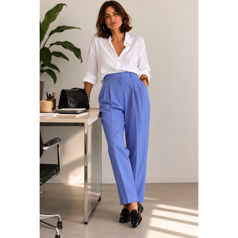 VTG 90s Blue Linen Pleated High Rise Straight‎ Leg Trousers 16 NWT Office Siren